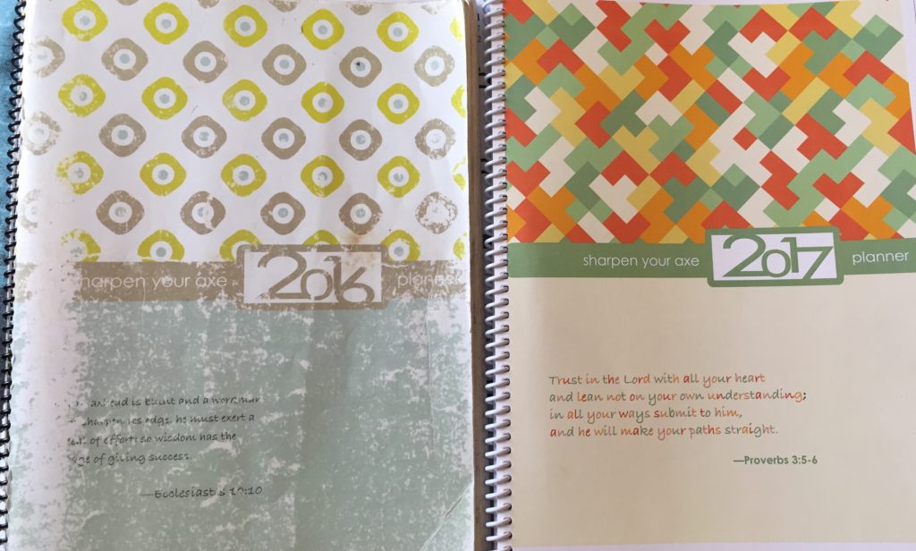 My worn-out 2016 Weekly Planner and fresh 2017 one